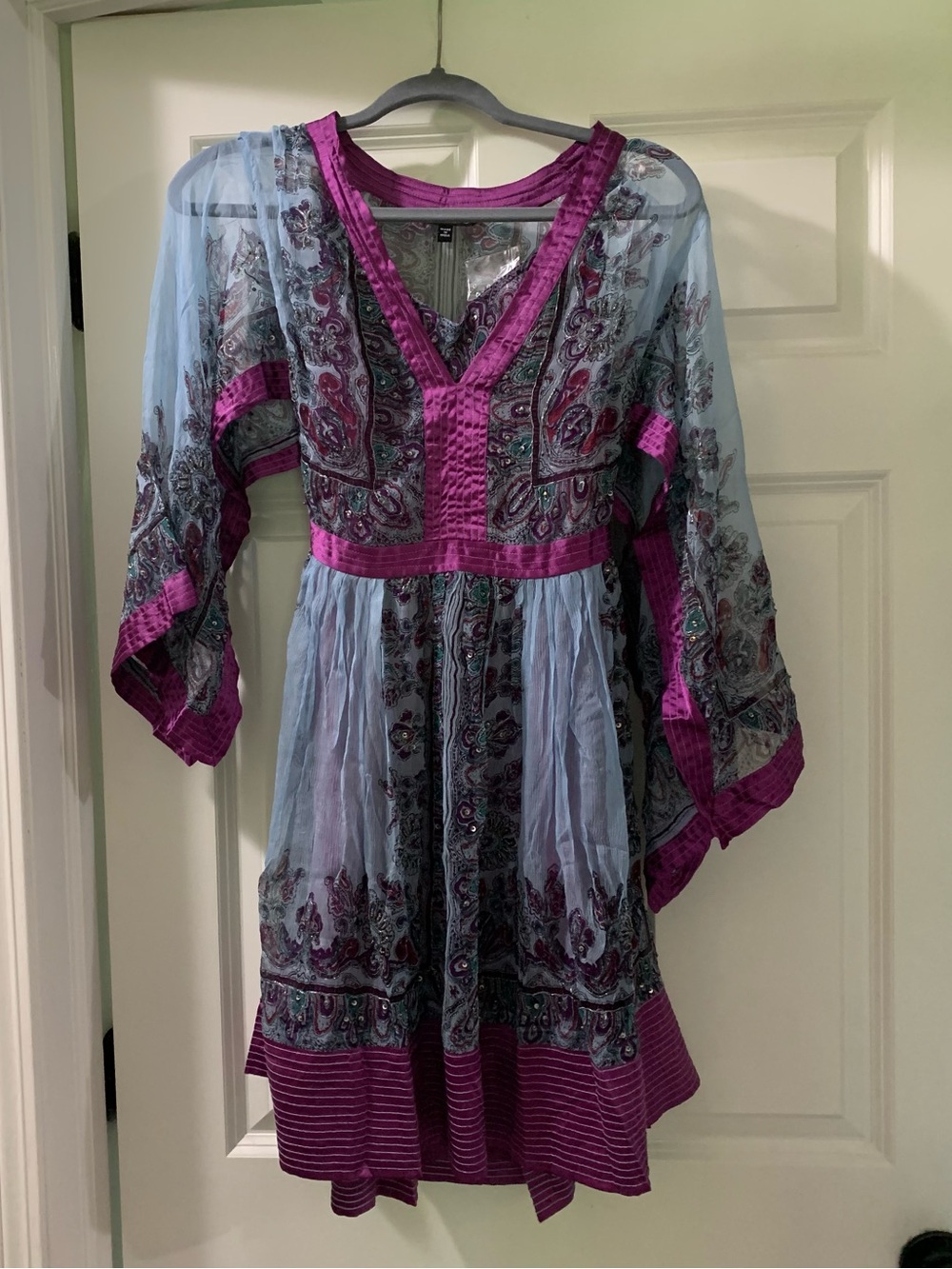 Light Blue Paisley Mini Dress with Magenta Trim by